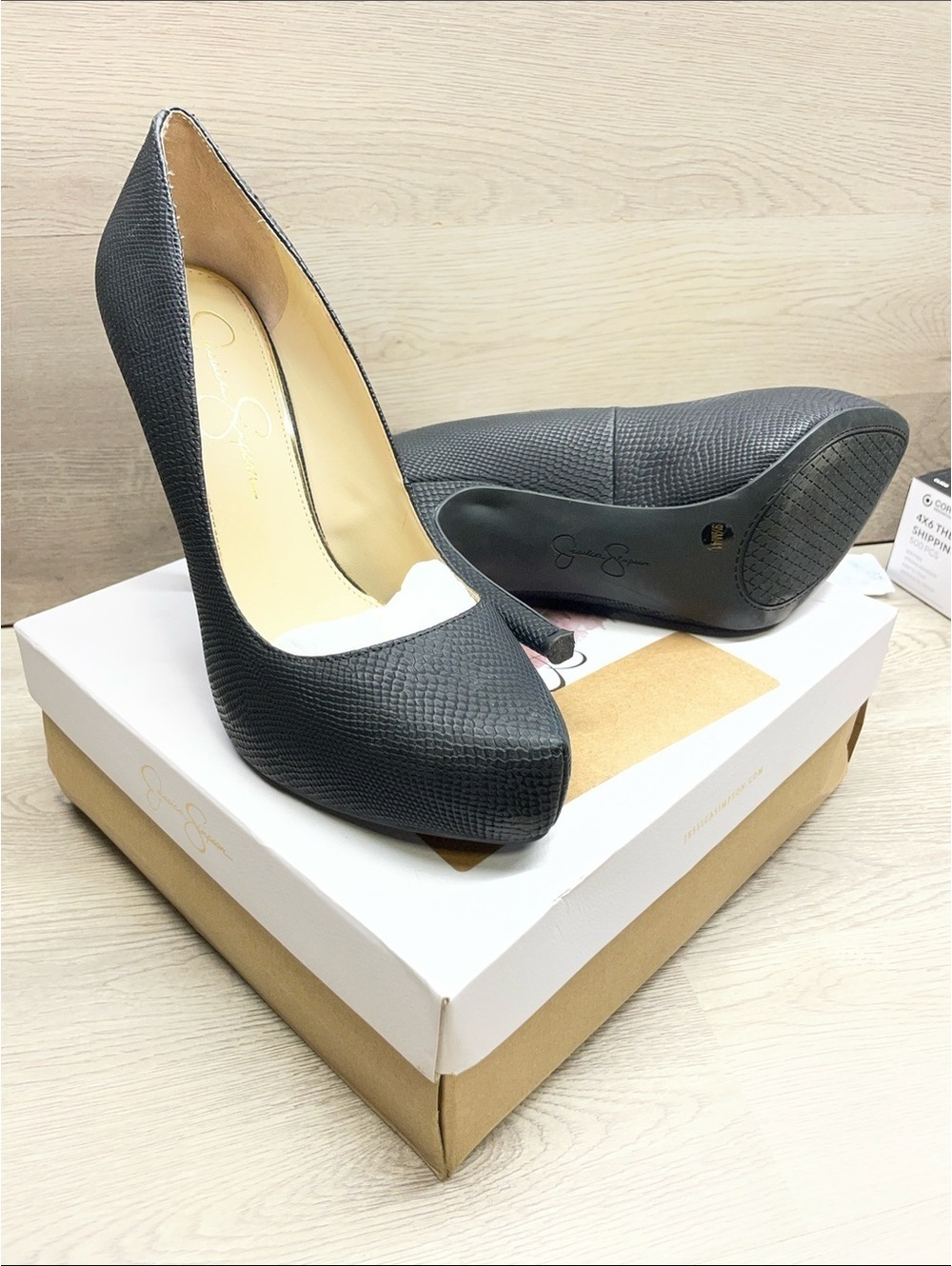 Jessica Simpson Black Peep-Toe Lizard-Embossed Stilettos #262